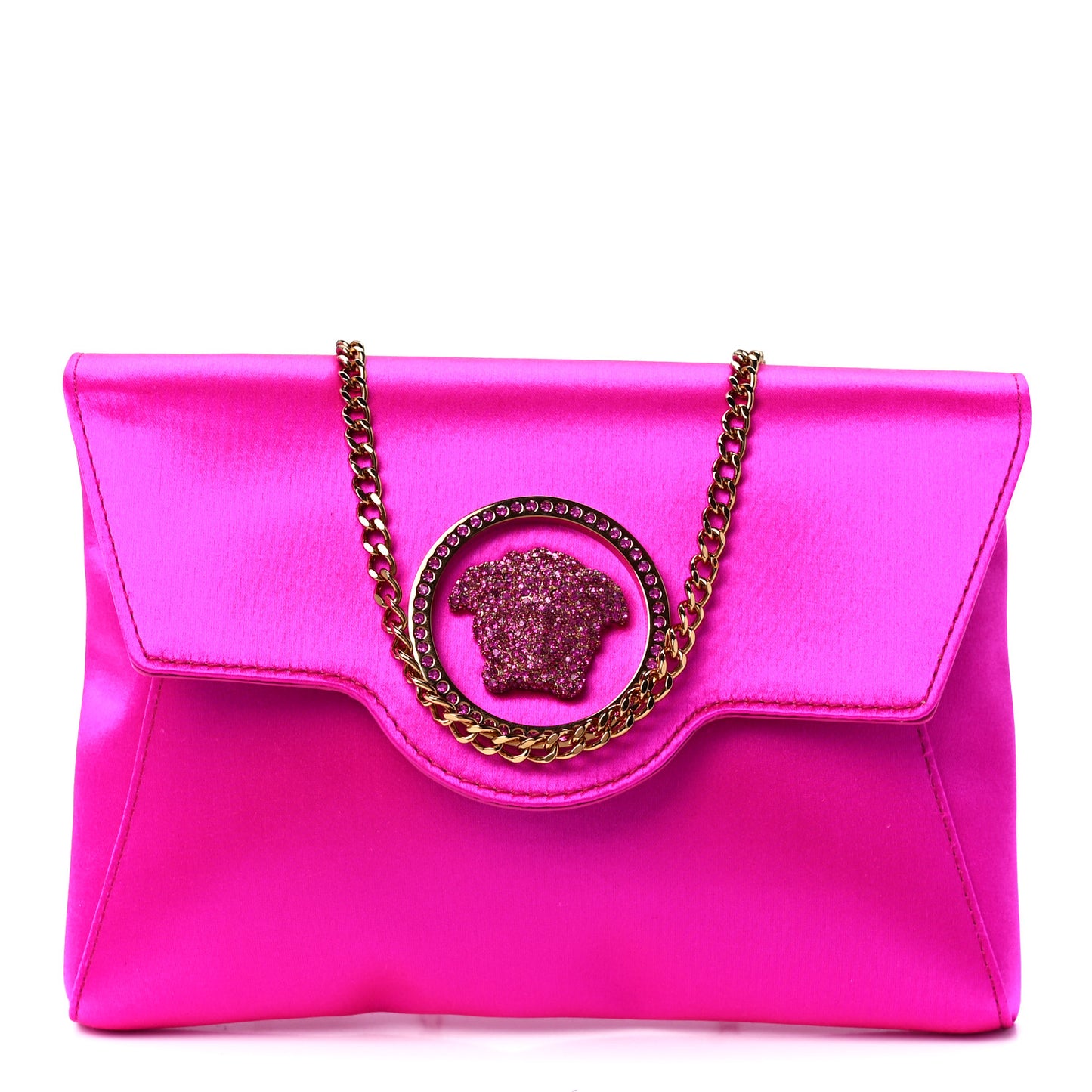 Satin Crystal Embellished La Medusa Pouch On Chain Pink