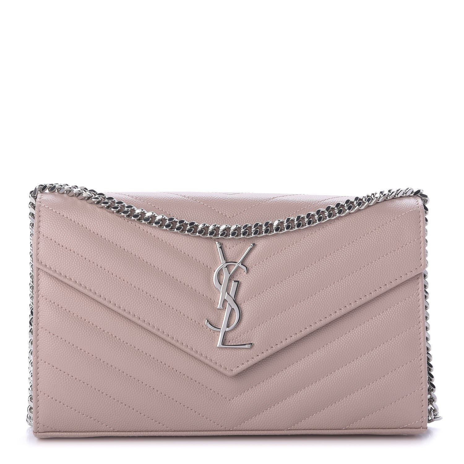 Saint Laurent Grain De Poudre Matelasse Chevron Monogram Chain Wallet Pale Pink 1 of 9