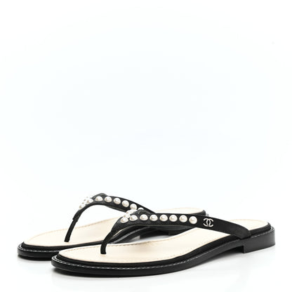 Chanel Suede Pearl Thong Sandals 39 Black 3 of 10