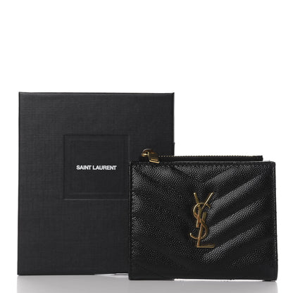 Saint Laurent Grain De Poudre Matelasse Chevron Monogram Zipped Card Case Black 7 of 7