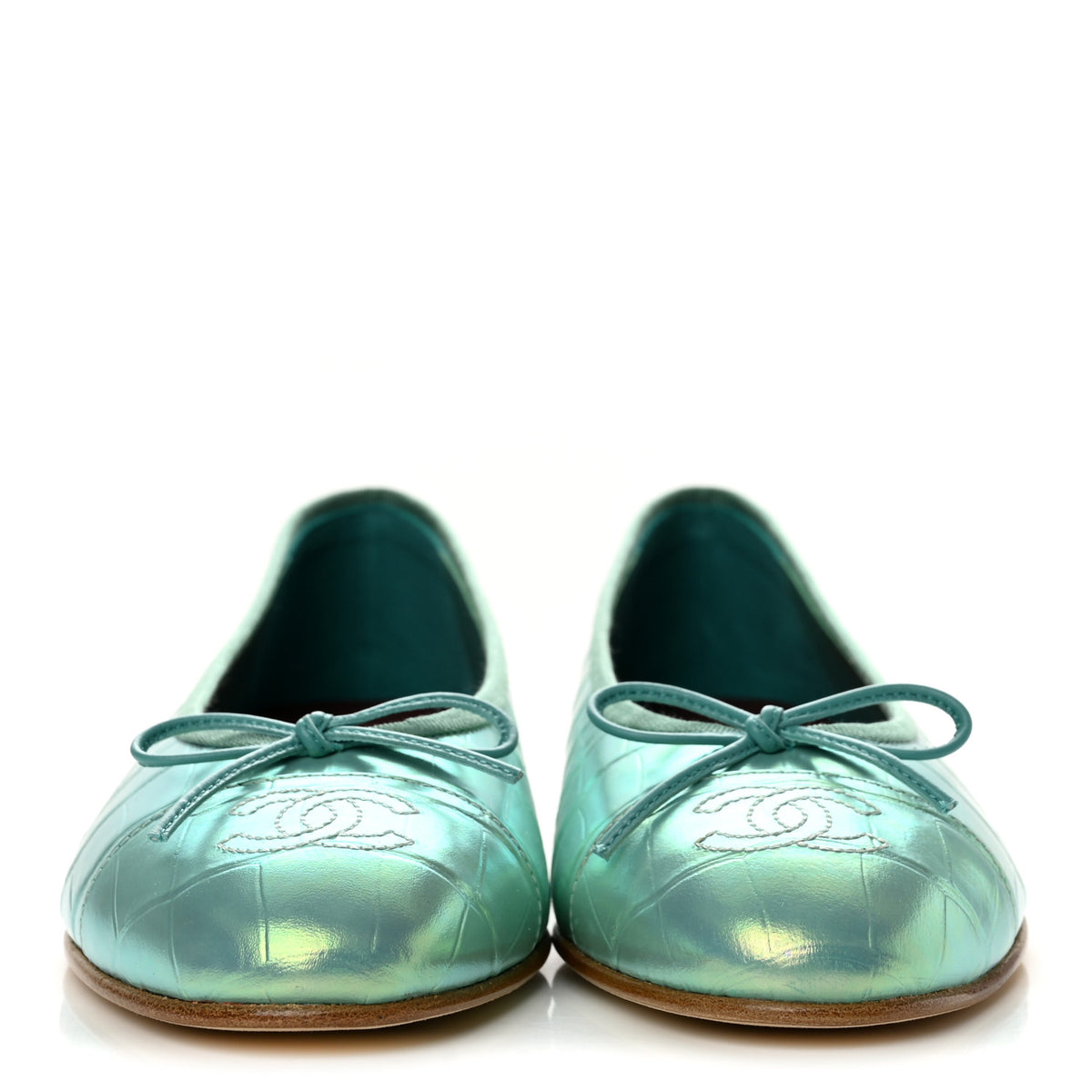 Chanel Iridescent Calfskin Crocodile Embossed Ballerina Flats 38.5 Green 3 of 10