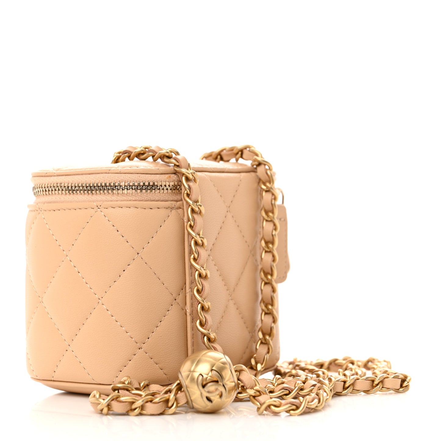 Lambskin Quilted Pearl Crush Mini Vanity Case With Chain Beige
