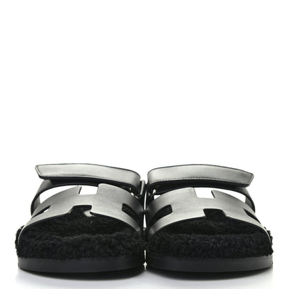 Hermes Calfskin Woolskin Womens Chypre Sandals 38 Black 2 of 7