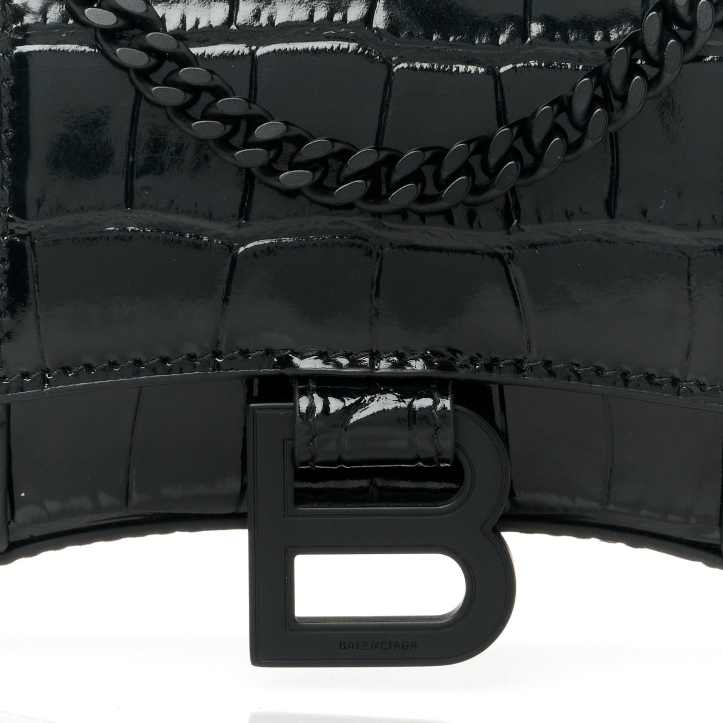 Shiny Calfskin Monochrome Crocodile Embossed Hourglass Chain Bag Black