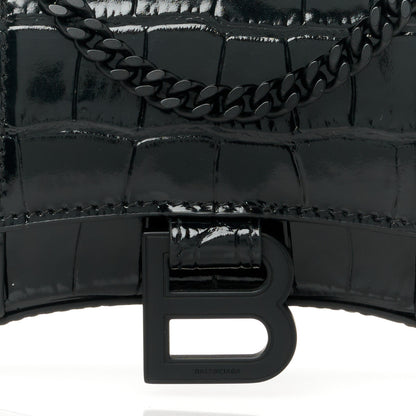 Balenciaga Shiny Calfskin Monochrome Crocodile Embossed Hourglass Chain Bag Black 9 of 11