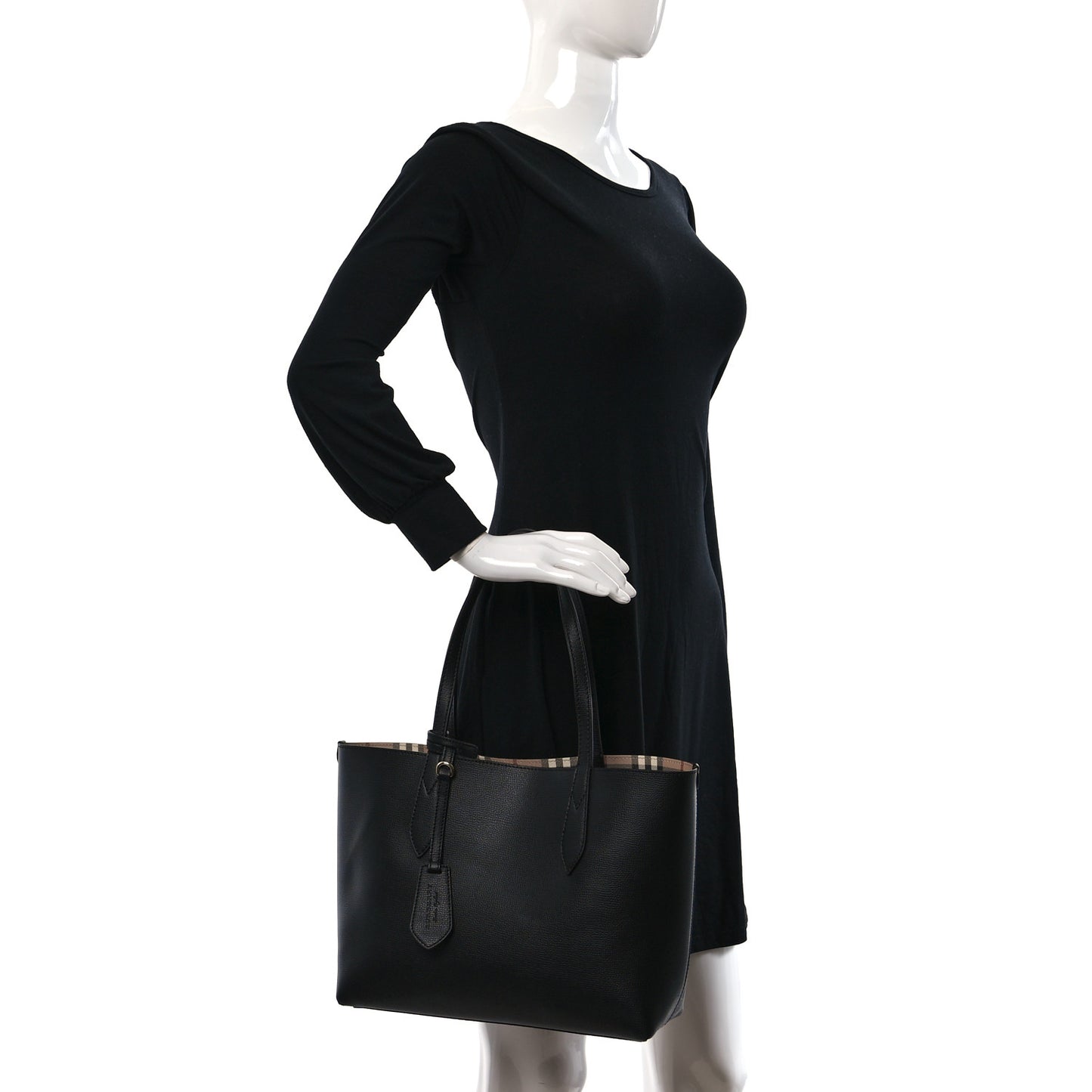 Grainy Calfskin Haymarket Check Small Reversible Tote Black