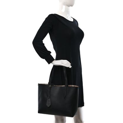 Burberry Grainy Calfskin Haymarket Check Small Reversible Tote Black 2 of 16