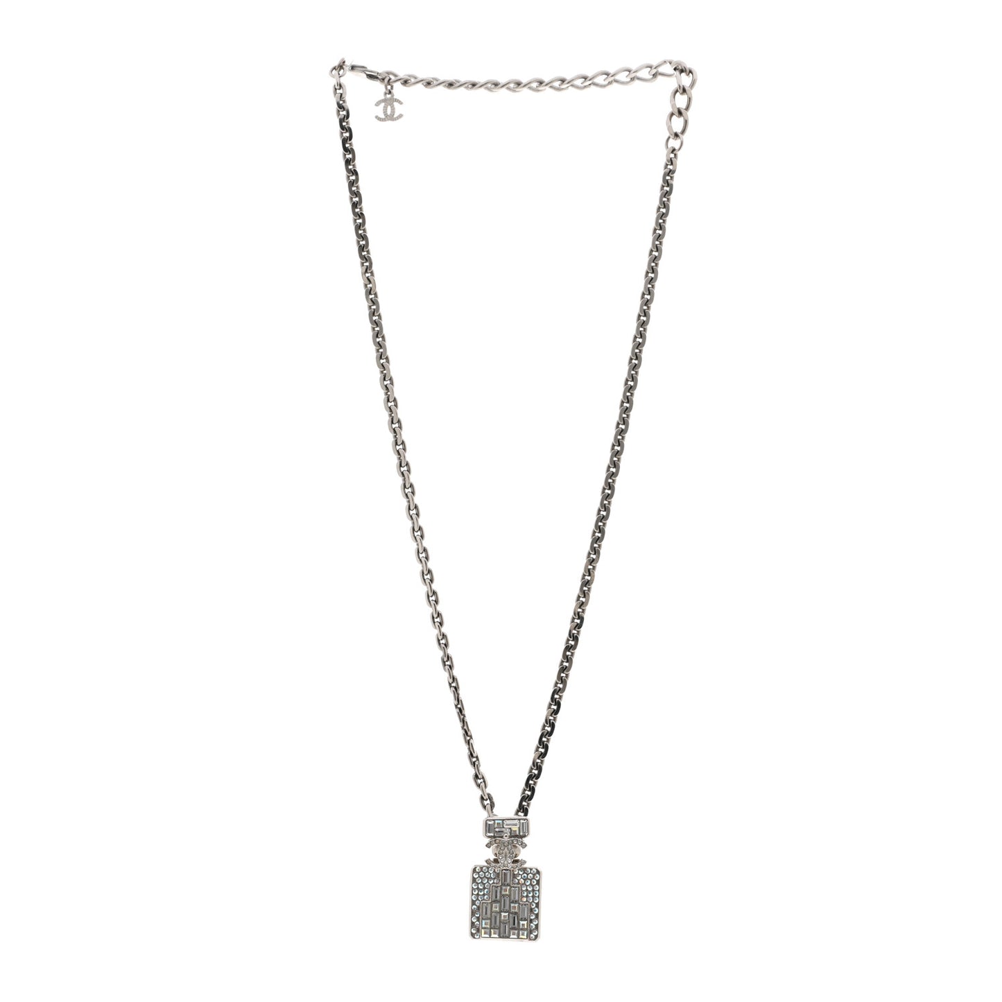 Metal Crystal CC Perfume Bottle Necklace Silver