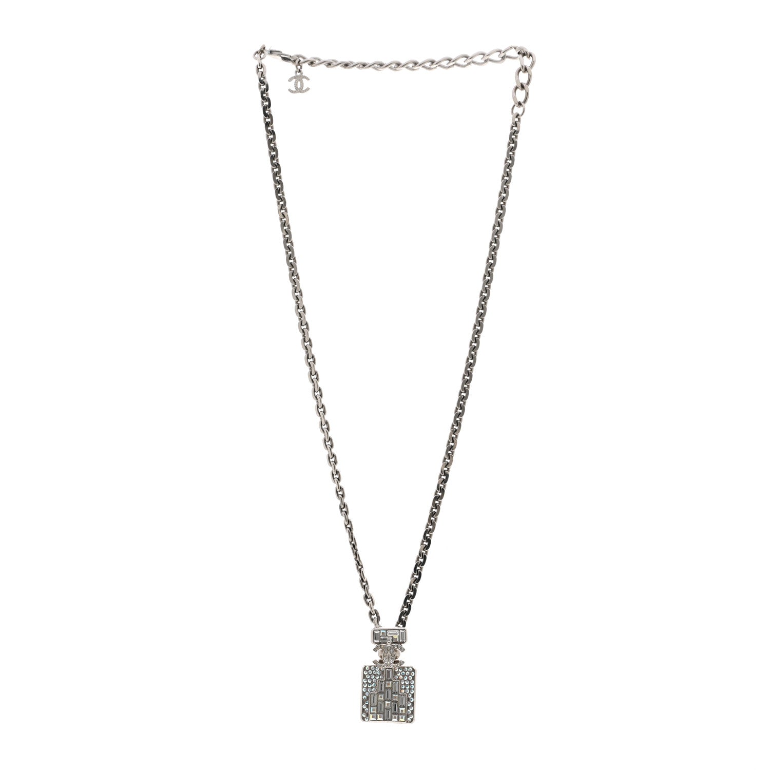 Chanel Metal Crystal CC Perfume Bottle Necklace Silver 3 of 4