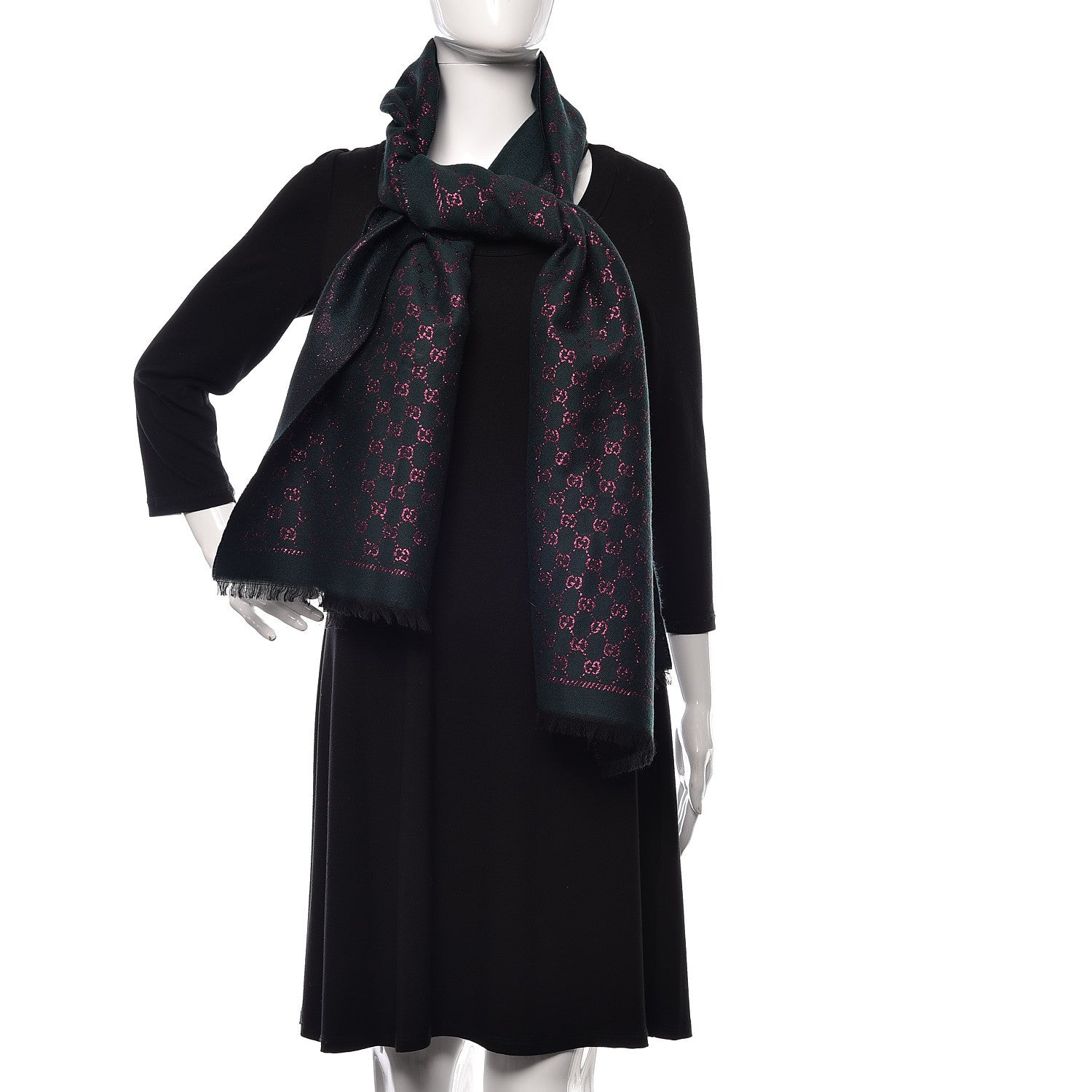 Gucci Wool Silk Jacquard GG Monogram Stenix Scarf Green Pink 2 of 4