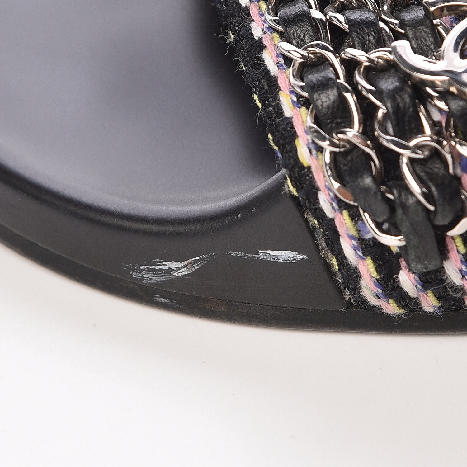 Chanel Tweed Lambskin Chain Flat Sandals 38 Black Multicolor 11 of 11