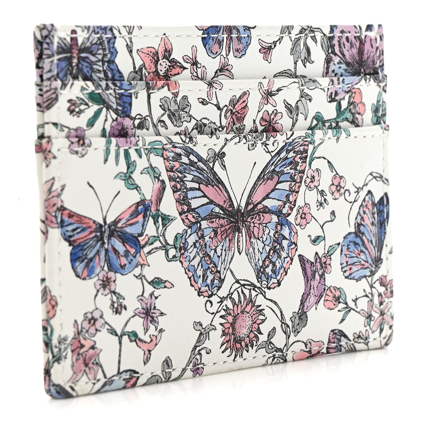 Calfskin Butterfly Printed Caro Five-Slot Card Holder White Multicolor