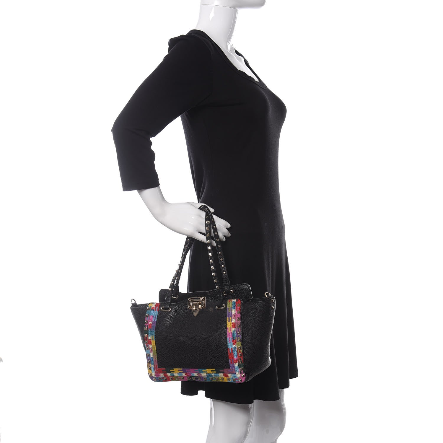 Valentino Garavani Grained Calfskin Embroidered Small Rockstud Rolling Tote Black 2 of 11