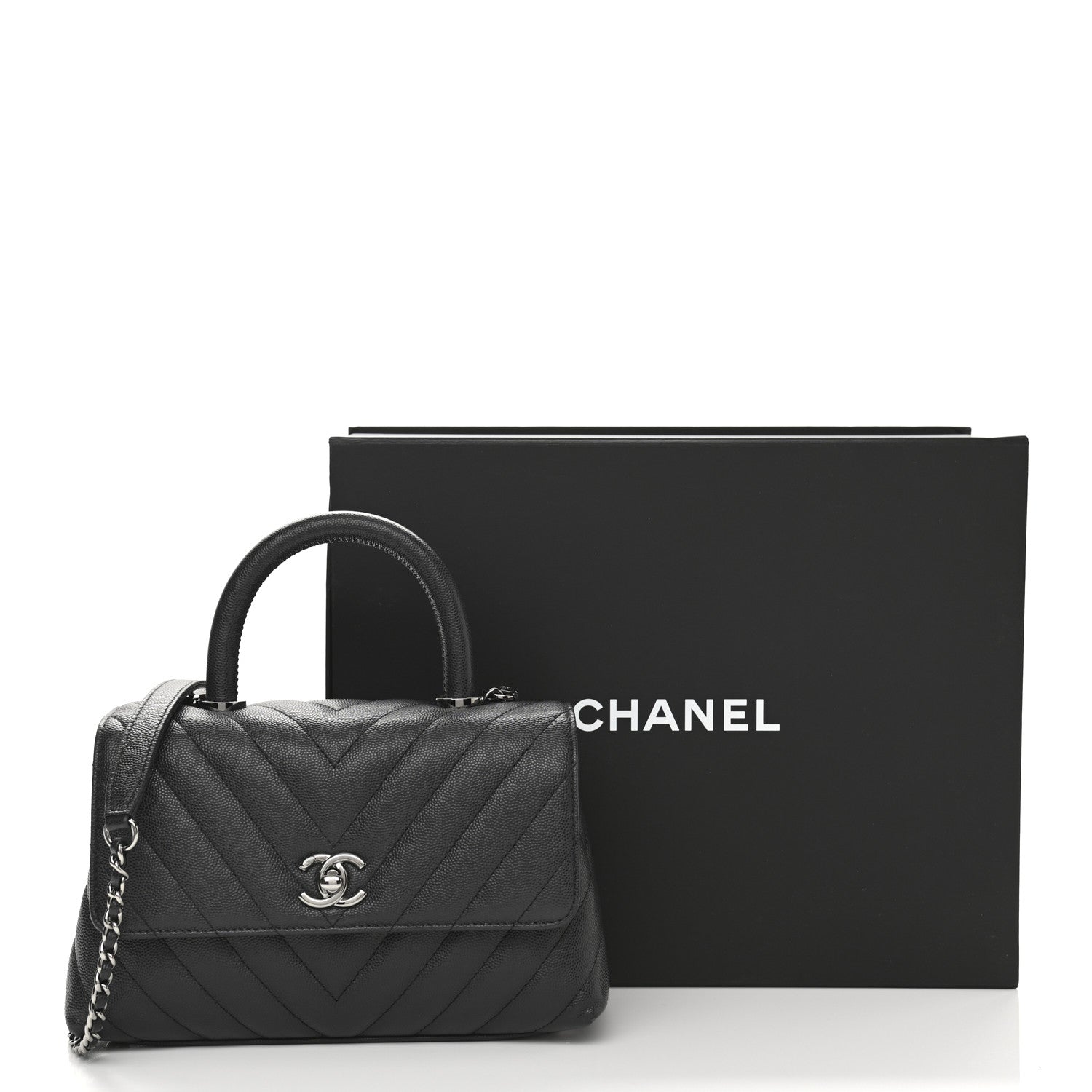 Chanel Caviar Chevron Quilted Mini Coco Handle Flap Dark Grey 14 of 14