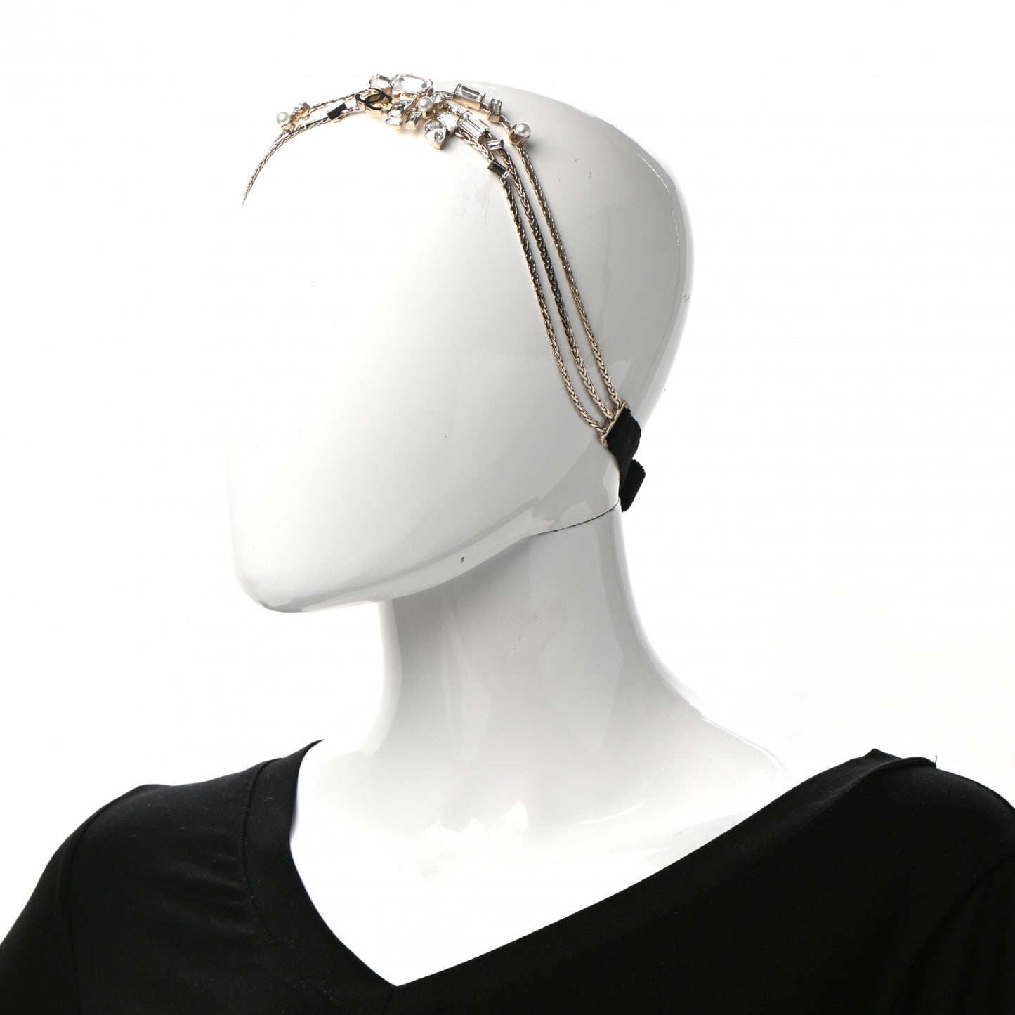 Metal Crystal Pearl Grosgrain CC Chain Tie Headband Gold Black
