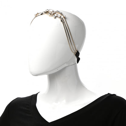 Chanel Metal Crystal Pearl Grosgrain CC Chain Tie Headband Gold Black 2 of 4
