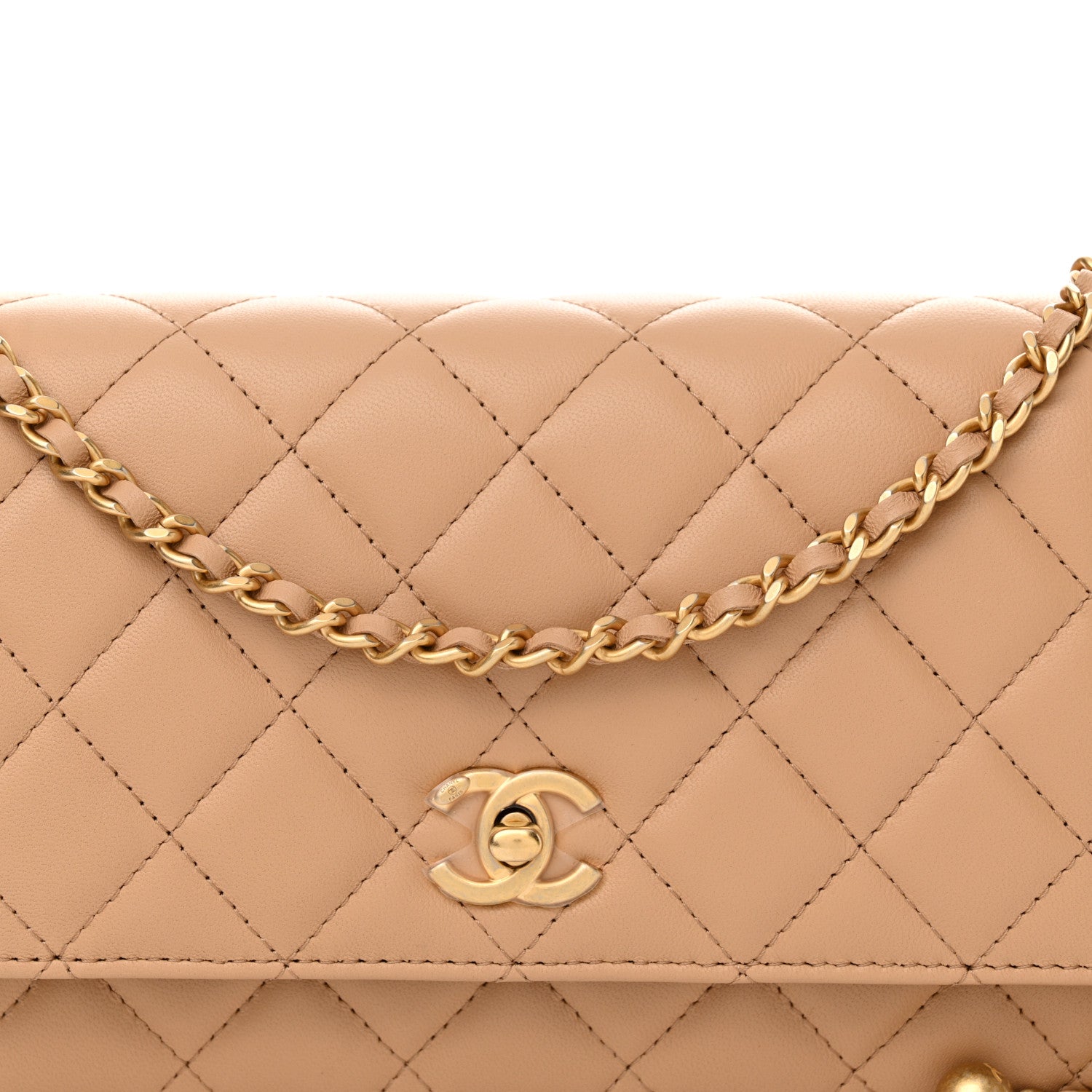 Chanel Lambskin Quilted CC Pearl Crush Wallet on Chain WOC Beige 9 of 13