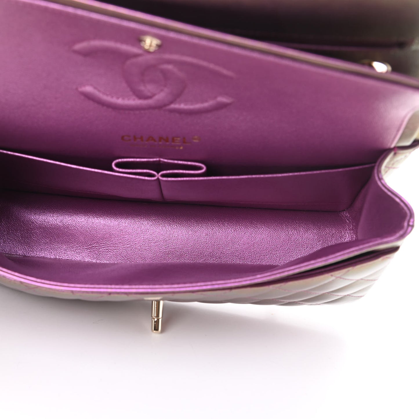 Iridescent Lambskin Quilted Medium Double Flap Purple