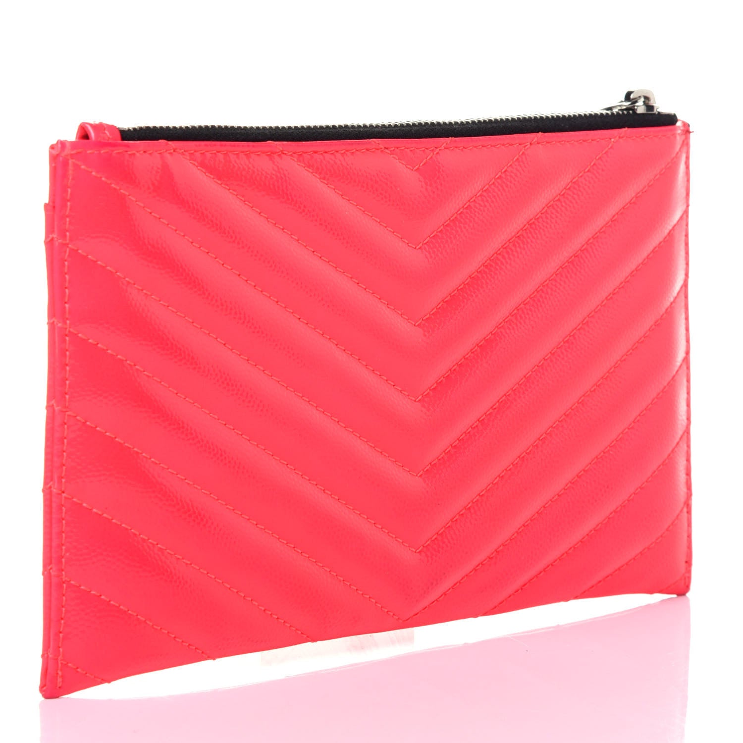 Saint Laurent Patent Grain De Poudre Matelasse Chevron Monogram Bill Pouch Neon Pink 3 of 15