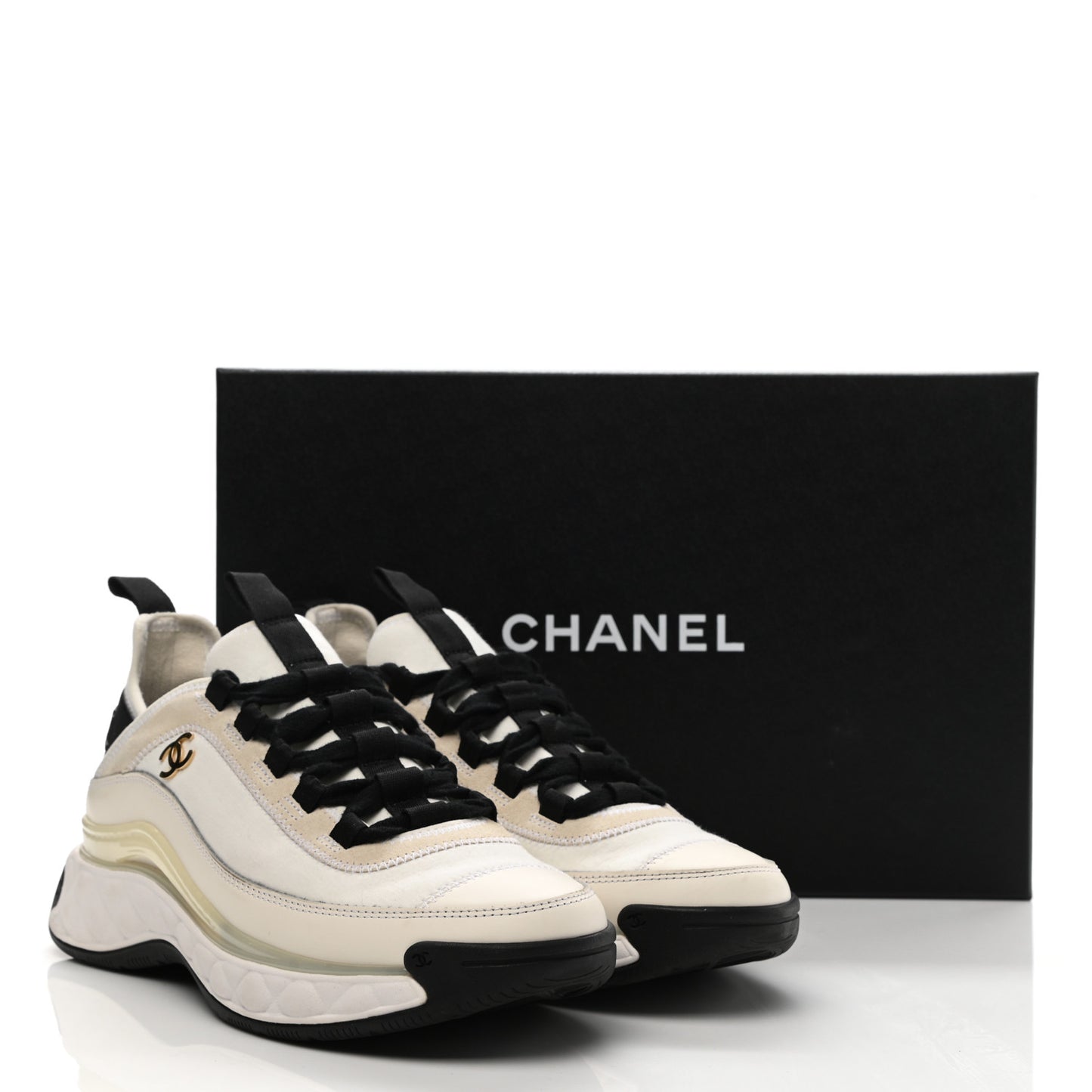 Velvet Calfskin Mixed Fibers CC Sneakers 36.5 Ivory Black