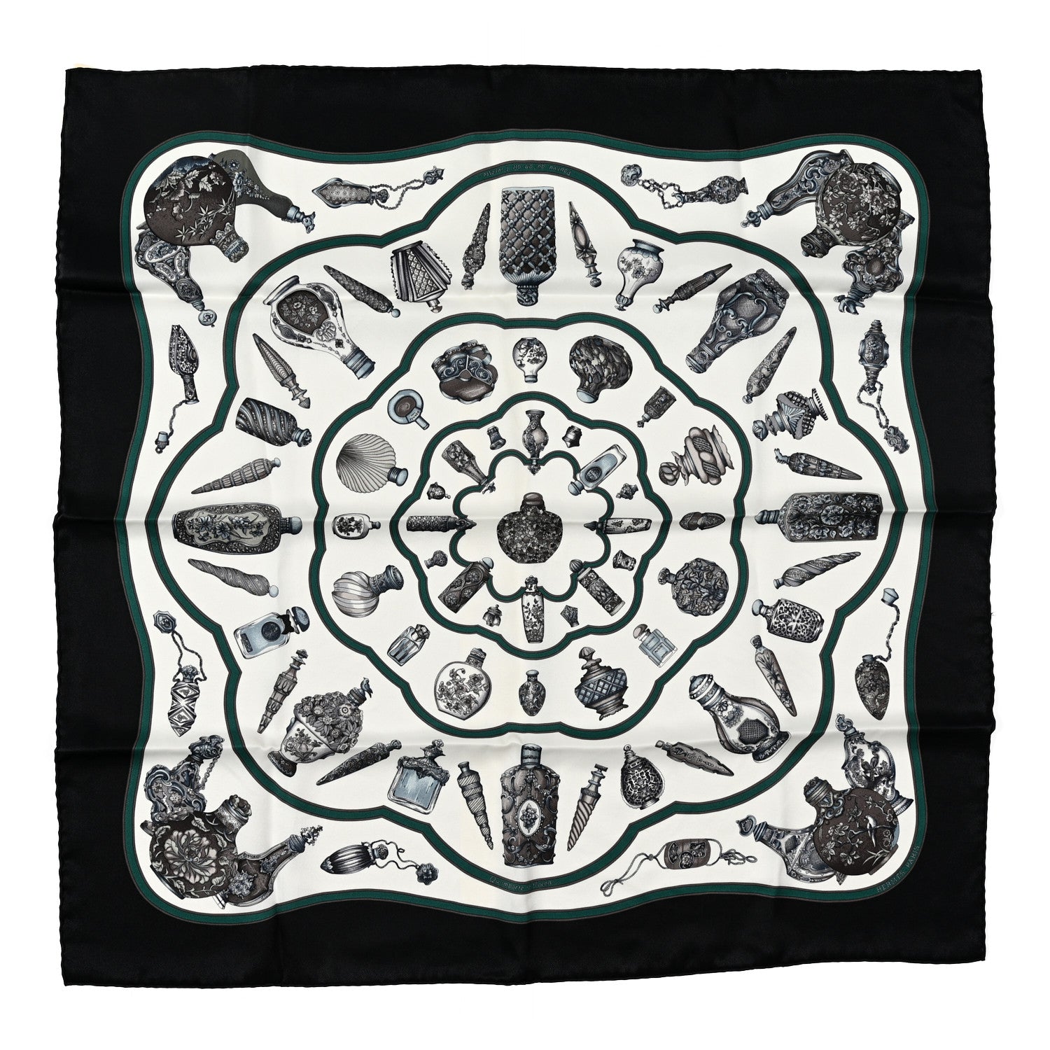 Hermes Silk Les Flacons Scarf 70 Black White Sapin 1 of 5