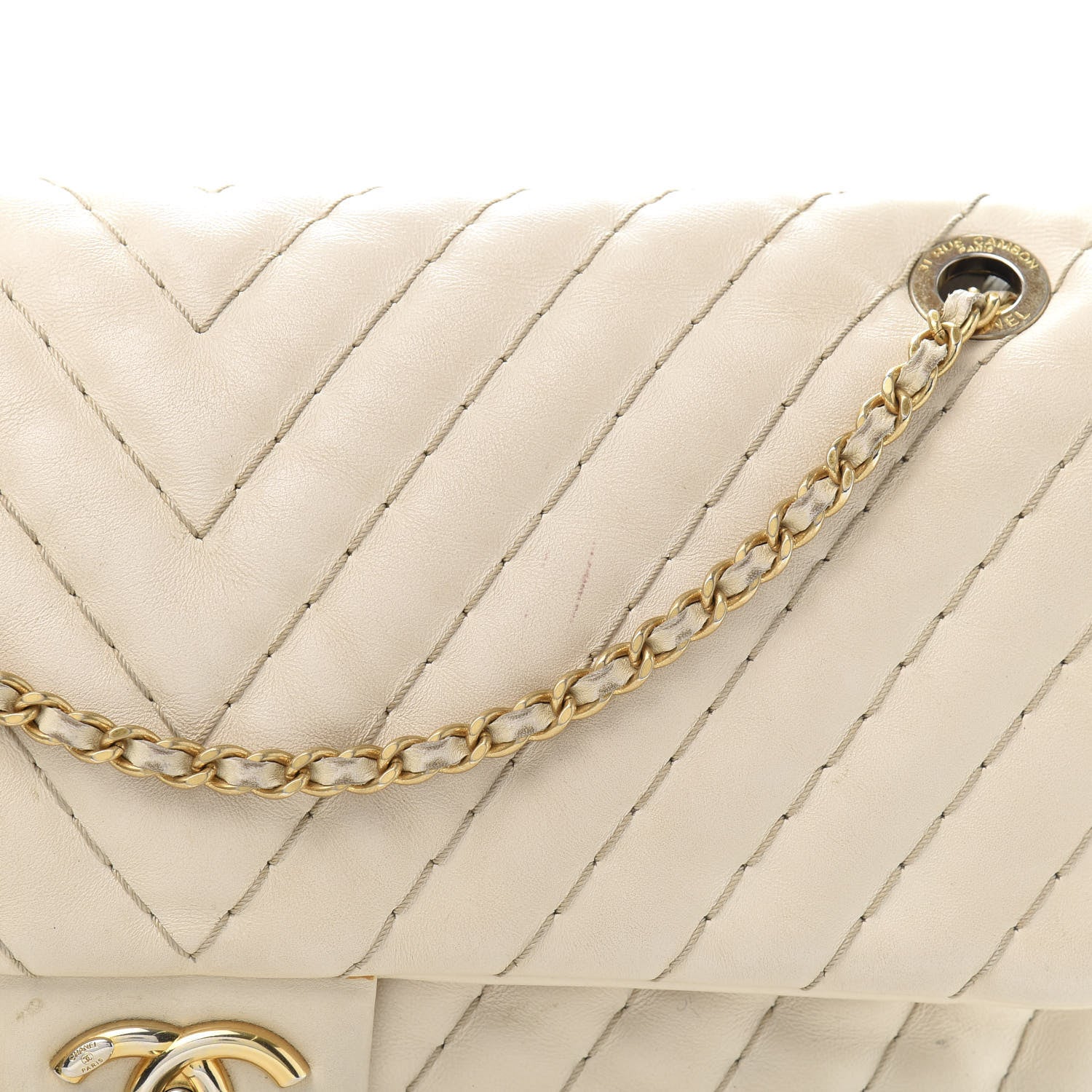 Chanel Calfskin Surpique Chevron Large Flap Beige 17 of 19