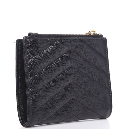 Saint Laurent Grain De Poudre Matelasse Chevron Monogram Zipped Card Case Black 2 of 9