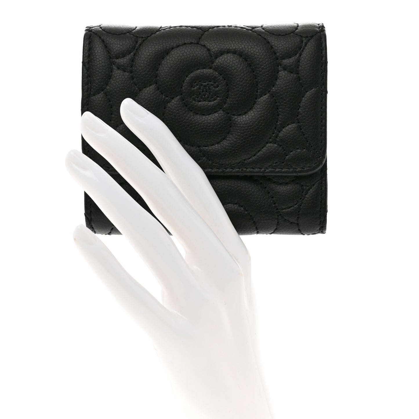 Caviar Camellia Embossed Compact Wallet Black
