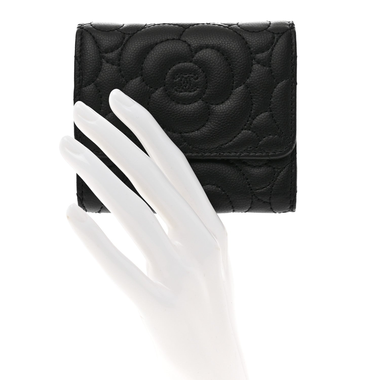 Chanel Caviar Camellia Embossed Compact Wallet Black 2 of 8