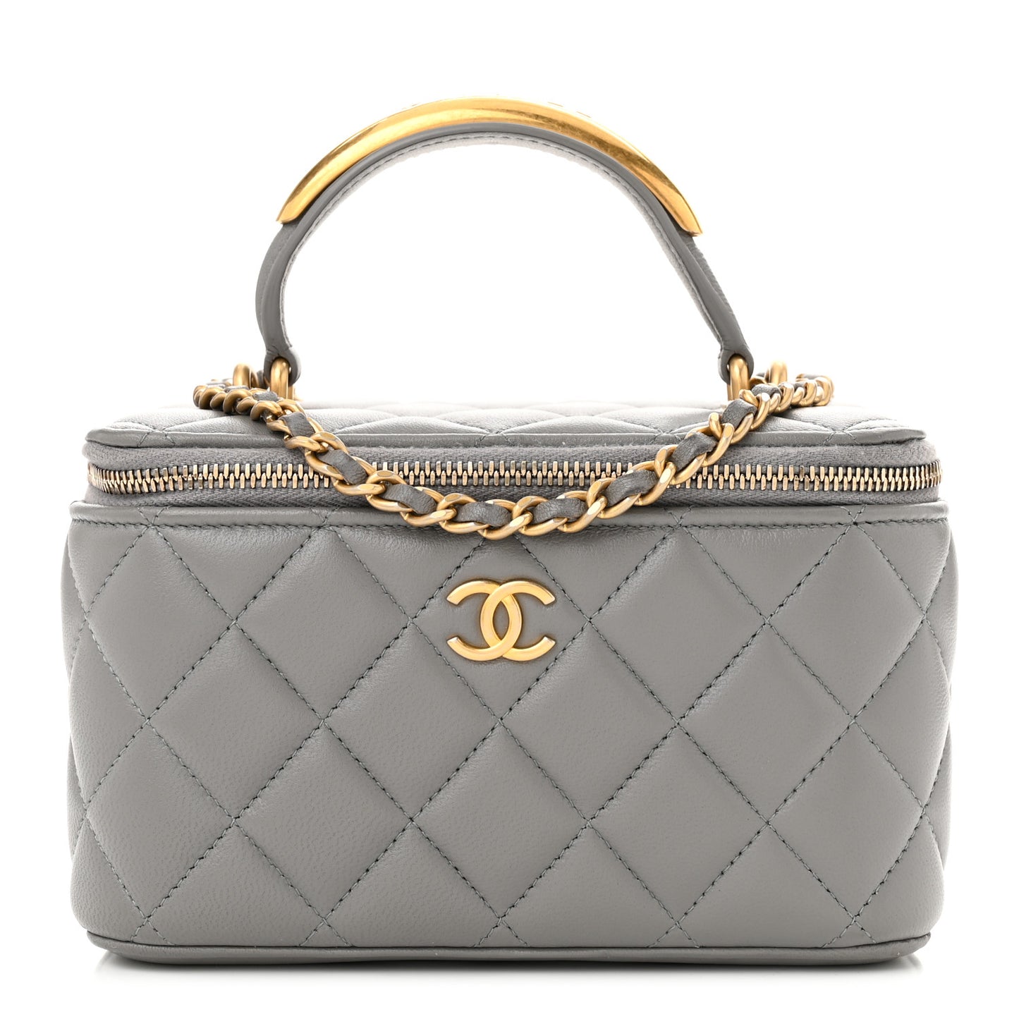 Lambskin Quilted Metal Small Top Handle Vanity Case With Chain Grey