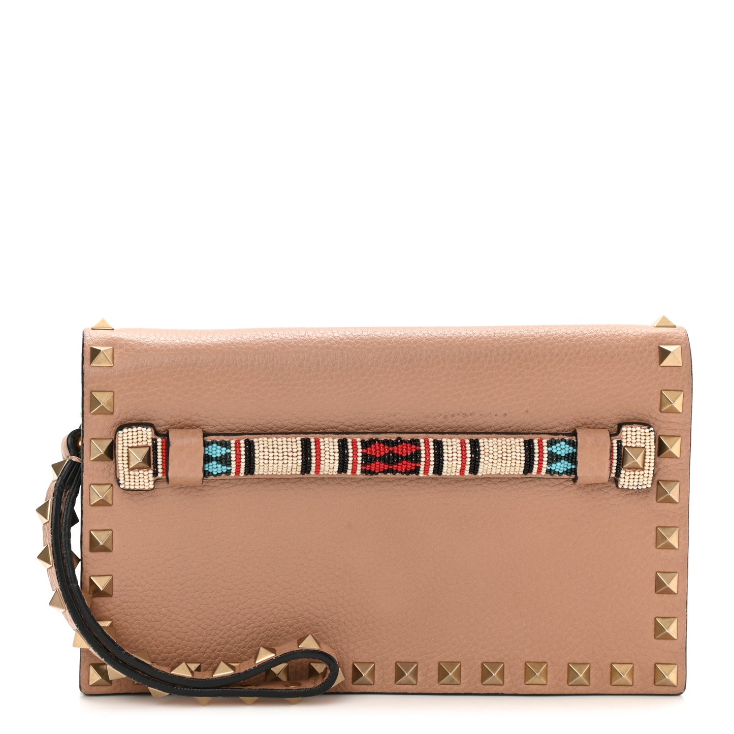 Pebbled Calfskin Beaded Rockstud Wristlet Clutch Soft Noisette