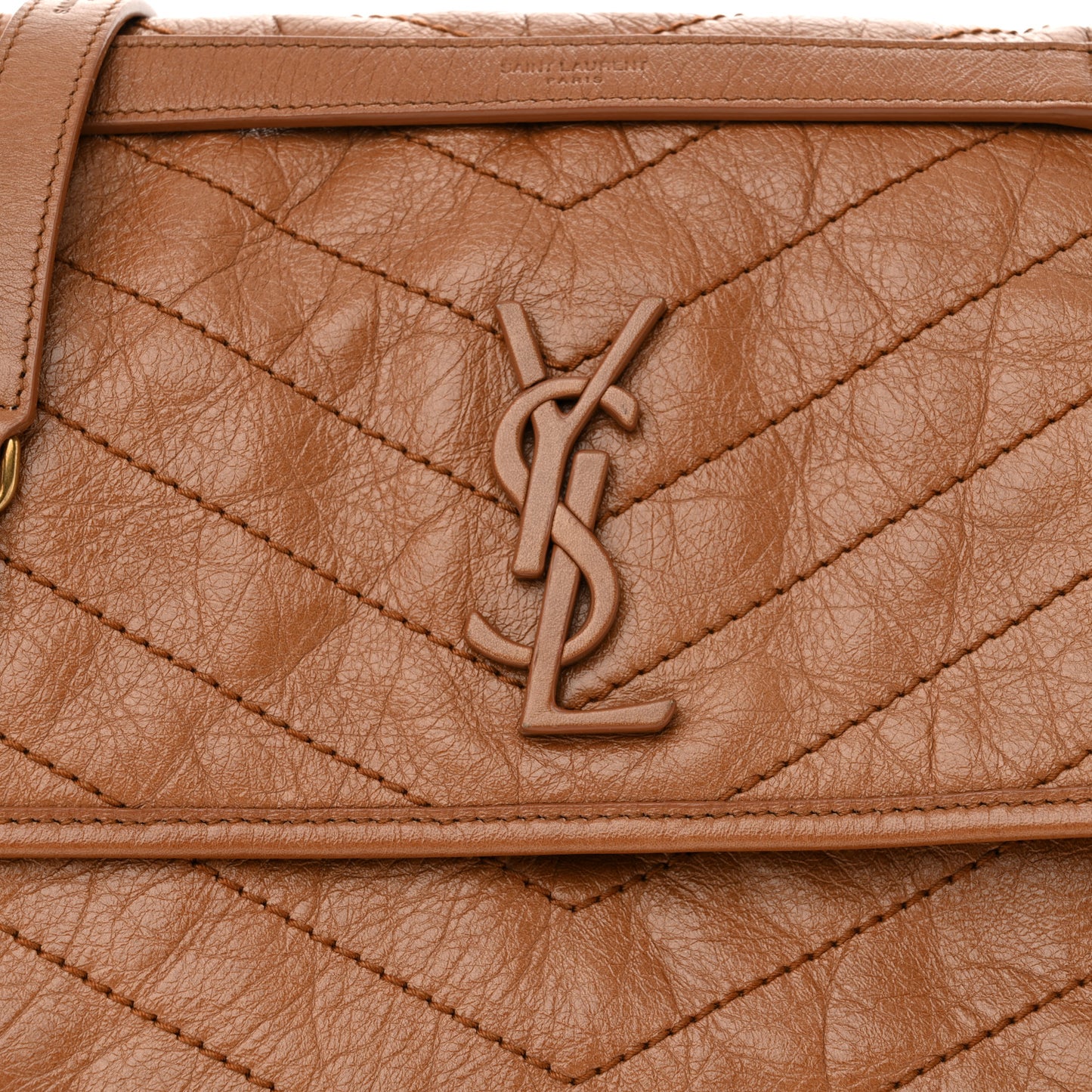 Crinkled Calfskin Matelasse Monogram Medium Niki Chain Satchel Caramel