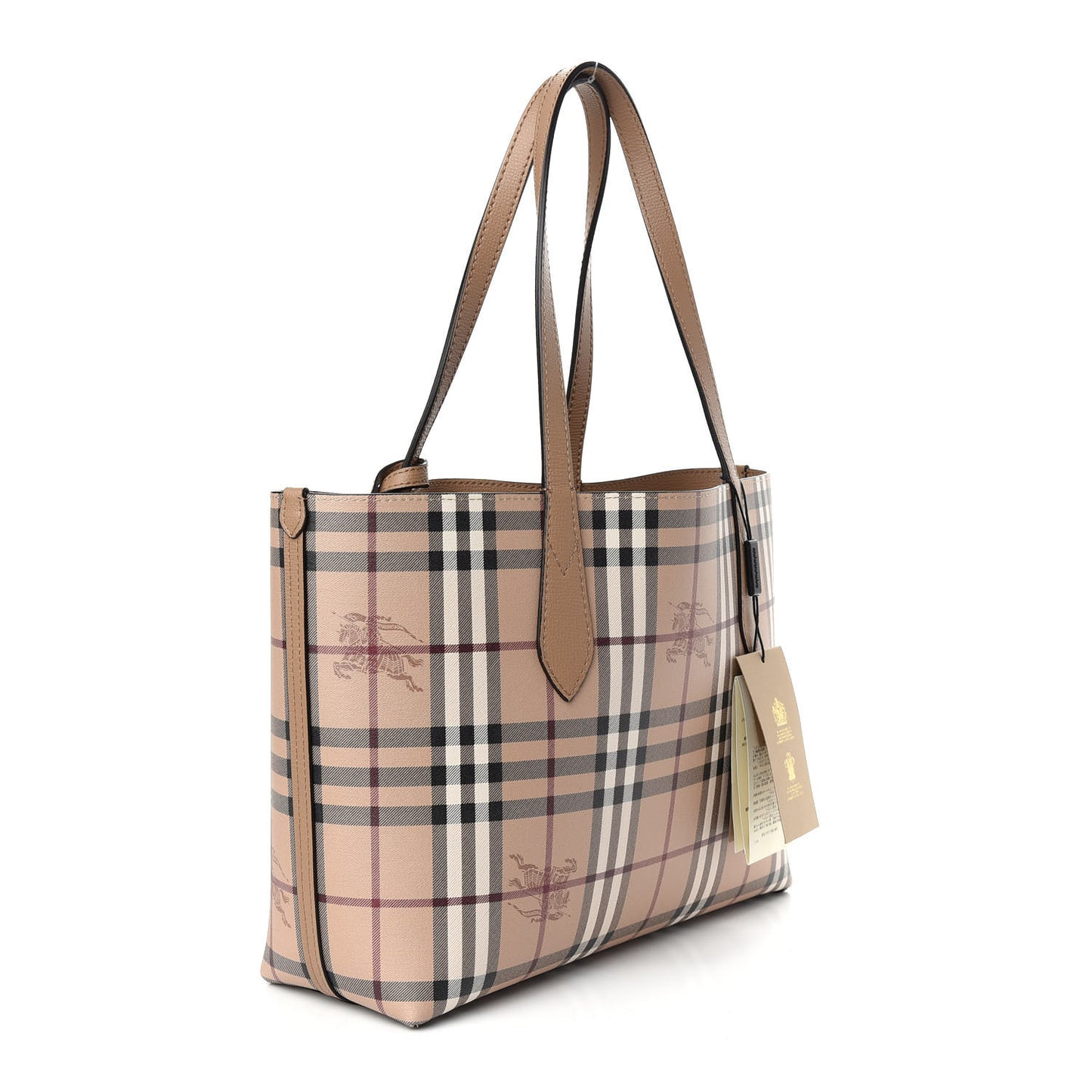 Grainy Calfskin Haymarket Check Small Reversible Tote Mid Camel