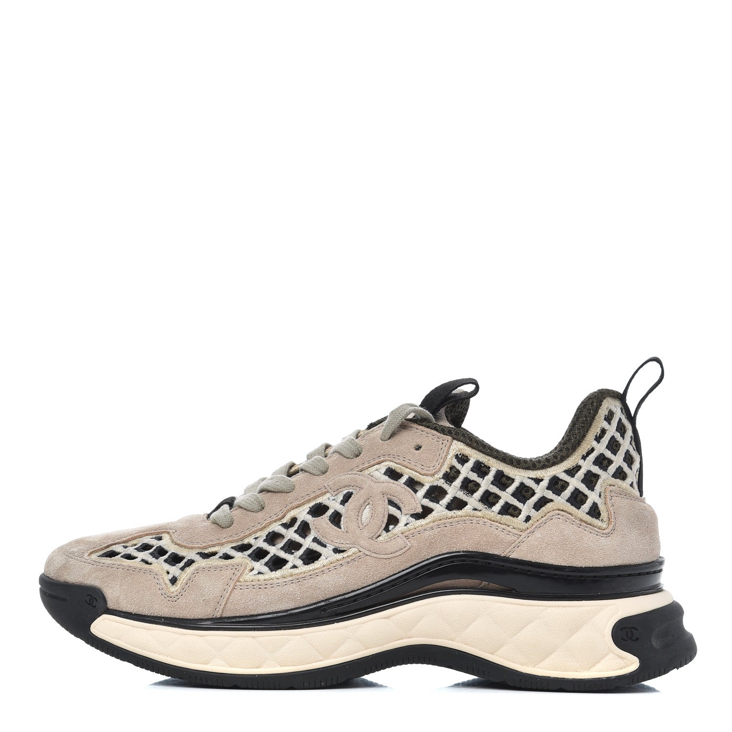 Chanel Suede Calfskin Embroidered CC Sneakers 38 Beige Black 1 of 18