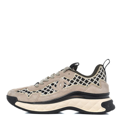 Chanel Suede Calfskin Embroidered CC Sneakers 38 Beige Black 1 of 18