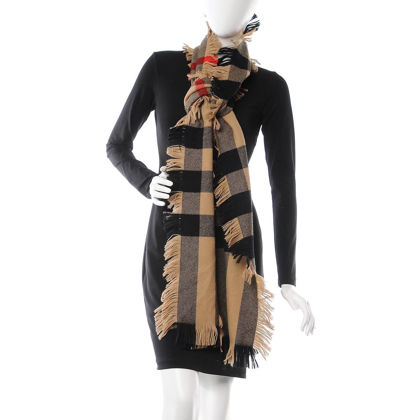 Wool Half Mega Check Fringe Scarf Camel