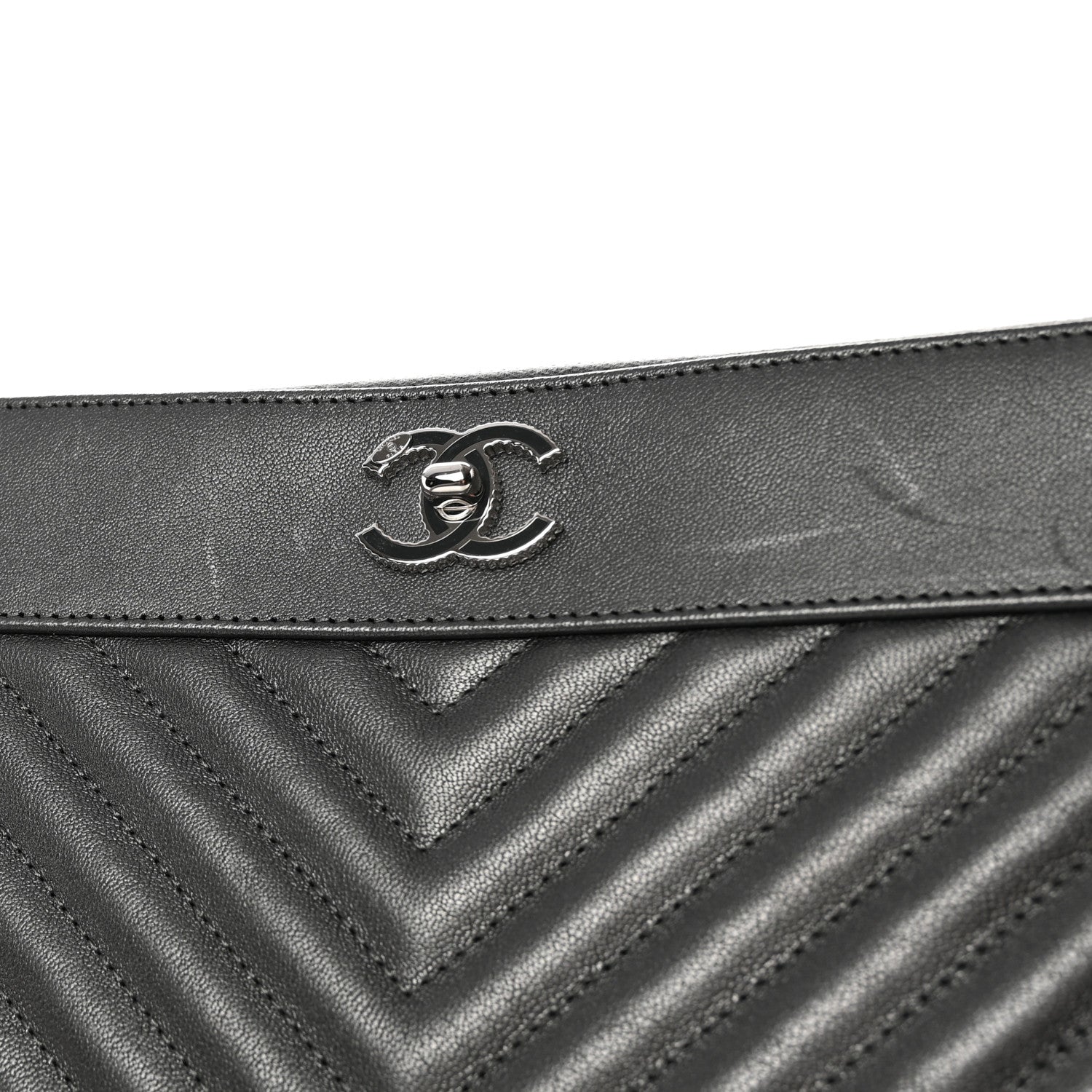 Chanel Metallic Sheepskin Chevron Quilted Mademoiselle Vintage Large Zip Pouch Dark Grey 9 of 10