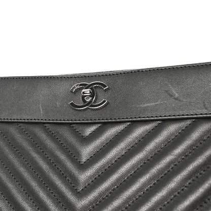 Chanel Metallic Sheepskin Chevron Quilted Mademoiselle Vintage Large Zip Pouch Dark Grey 9 of 10