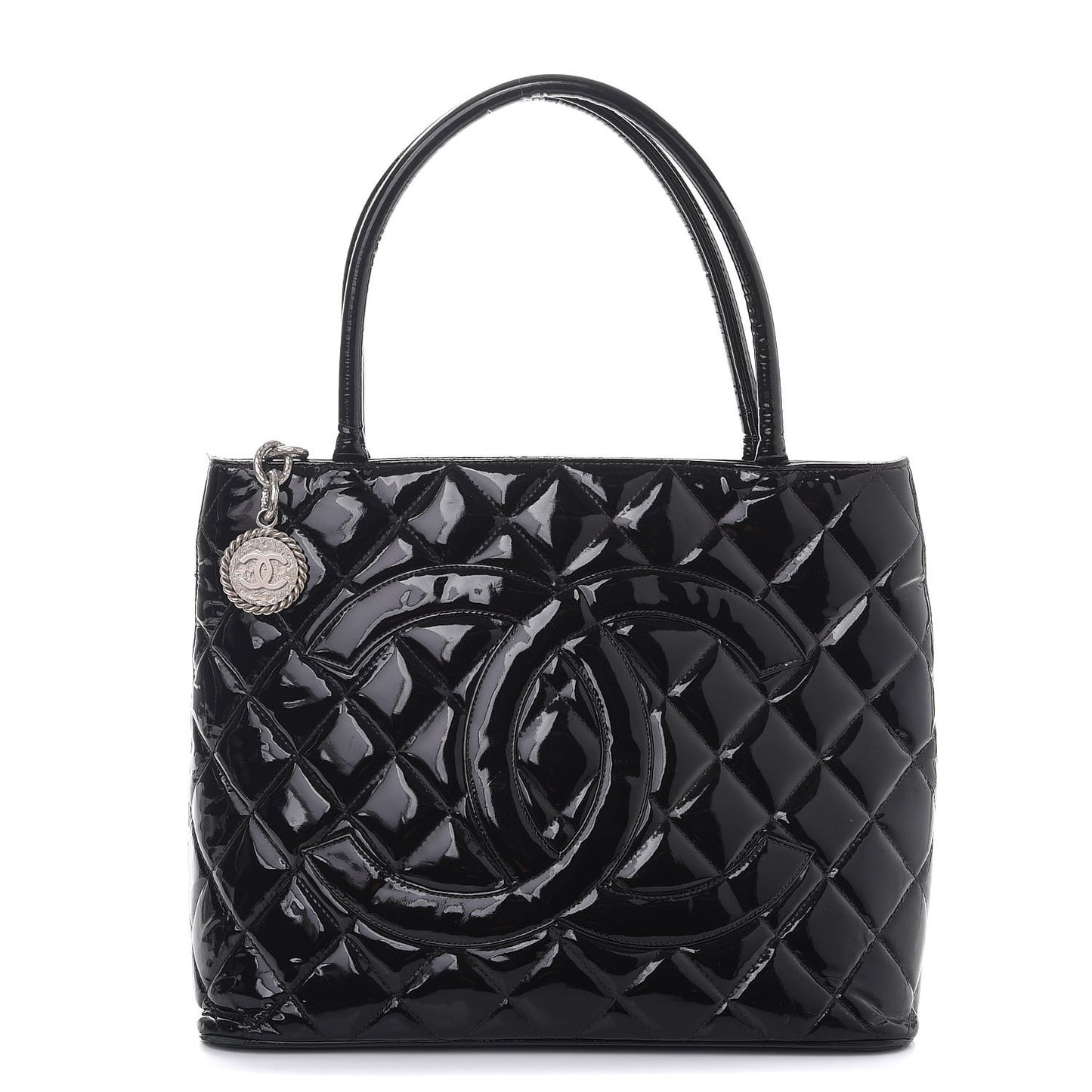Patent Quilted Medallion Tote Bag Black