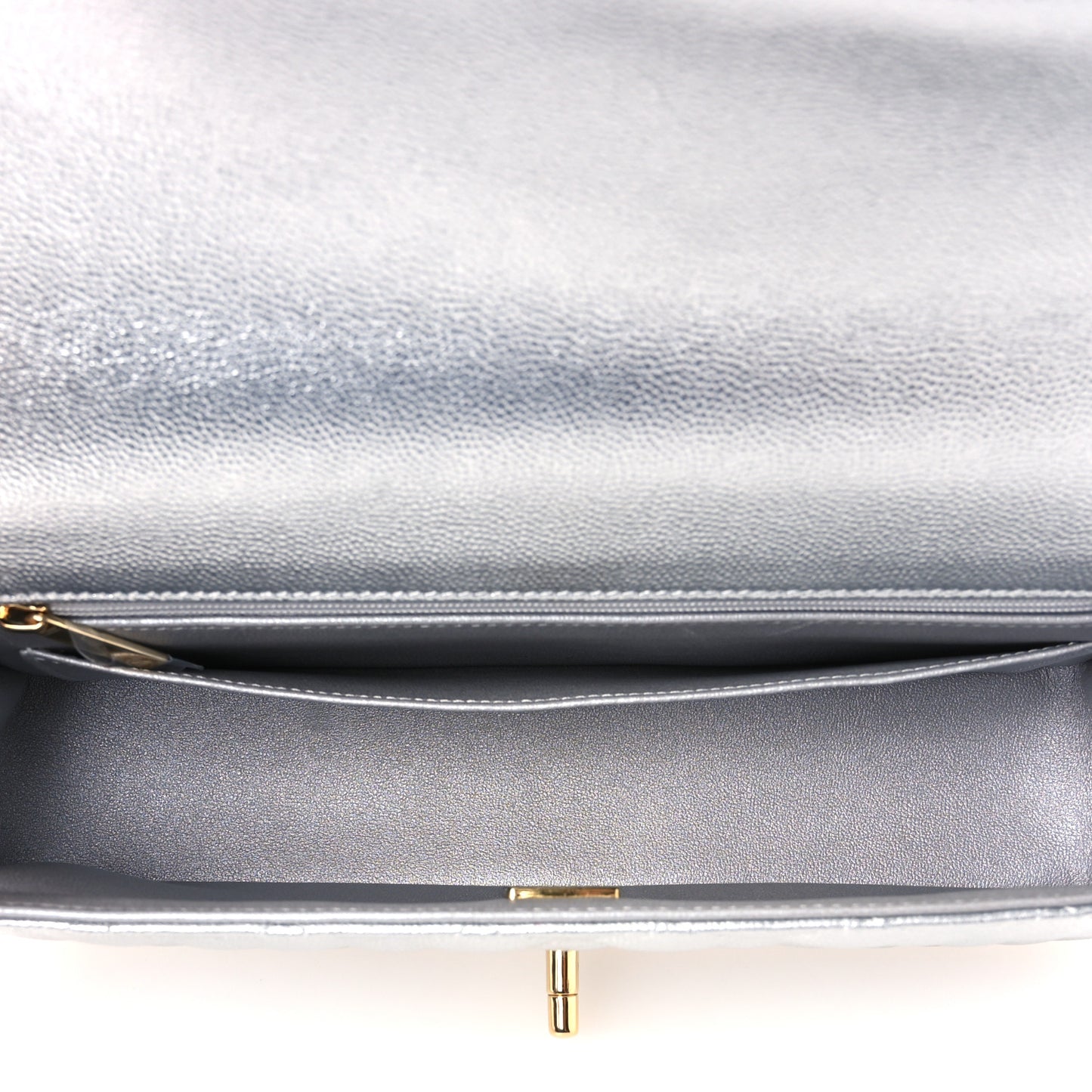 Metallic Caviar Quilted Top Handle East West Flap Silver