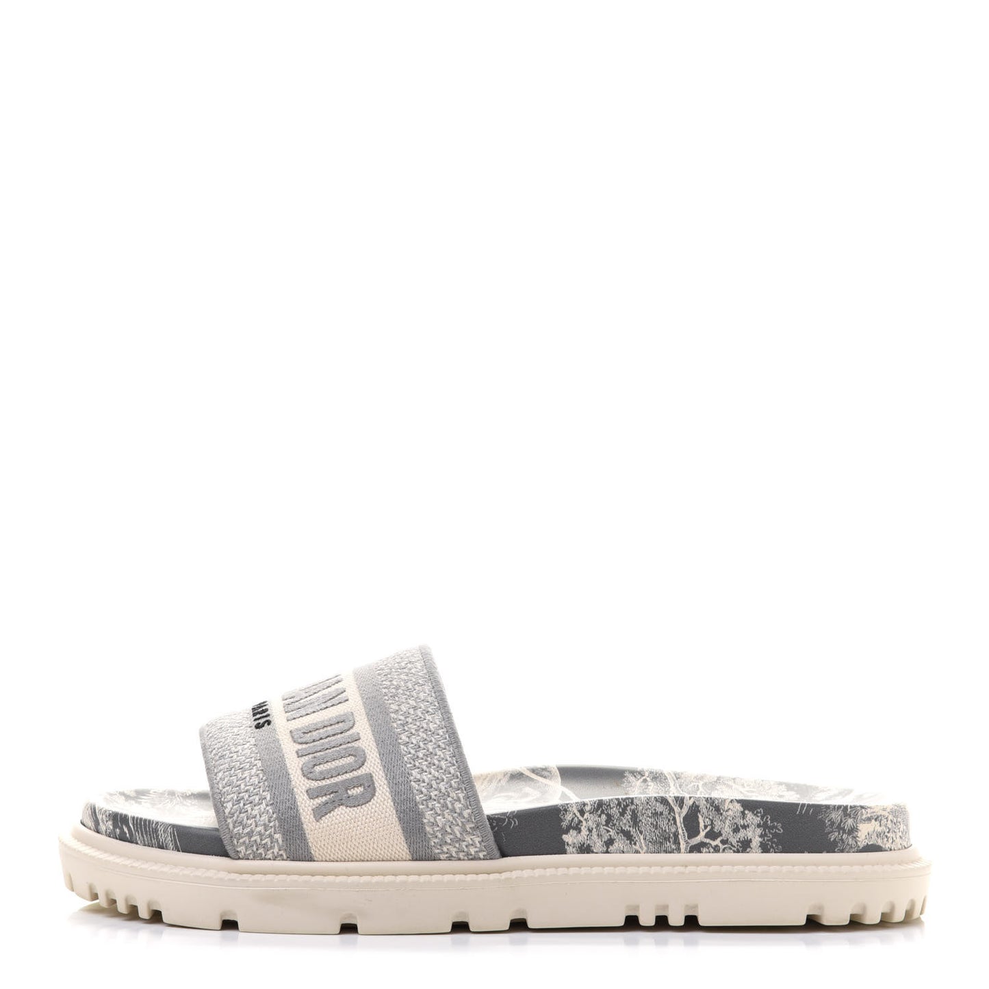 Canvas Toile de Jouy Embroidered Dway 10mm Slide Sandals 36 Off White Grey