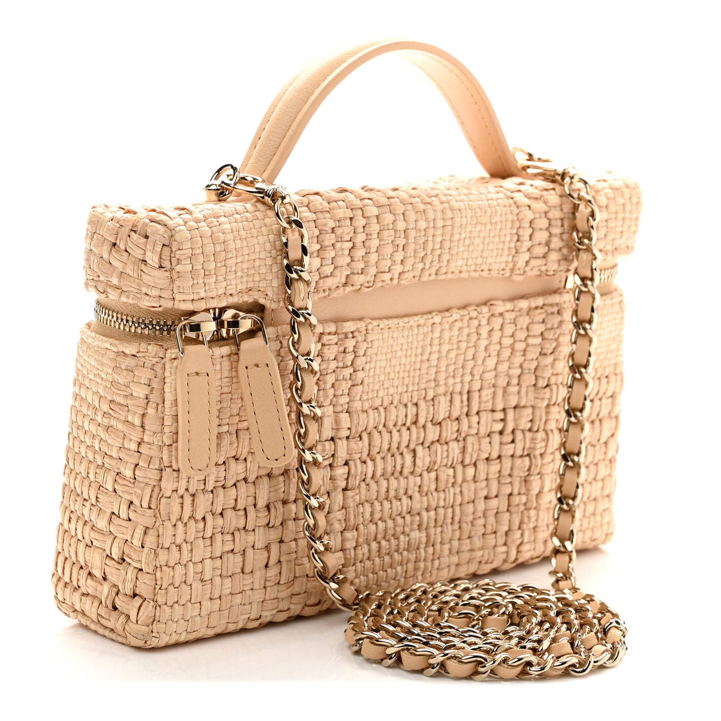 Braided Raffia Quilted Top Handle Slim Vanity Case With Chain Beige