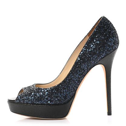 Jimmy Choo Coarse Glitter Peep Toe Pumps 38.5 Dark Blue 1 of 7