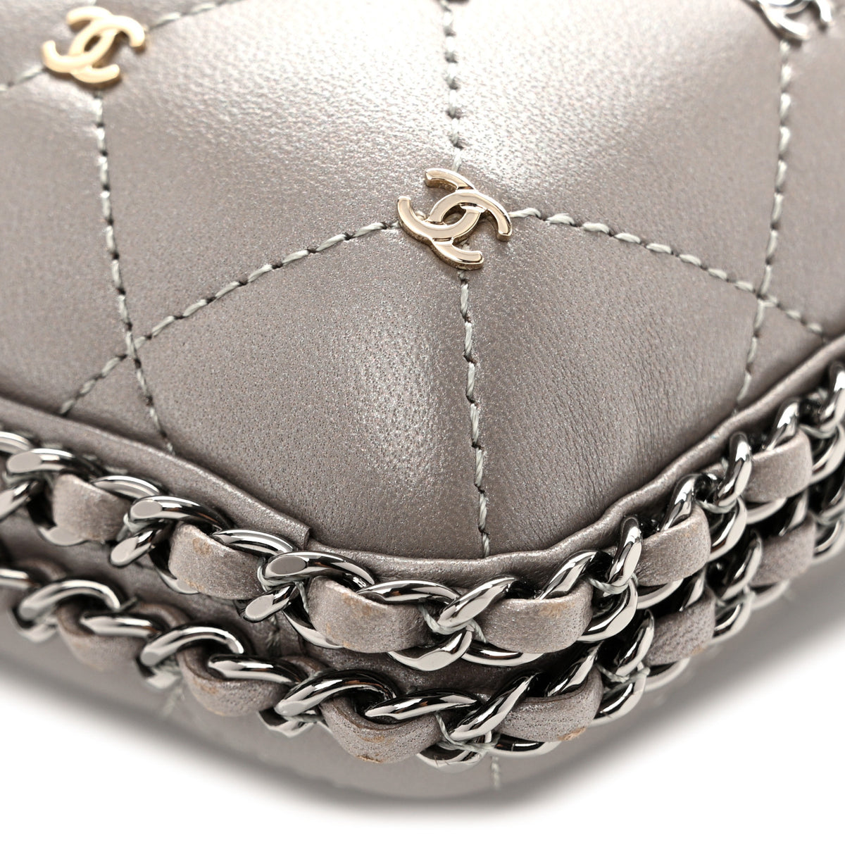 Lambskin Quilted CC Studded Chain Around Clutch Grey