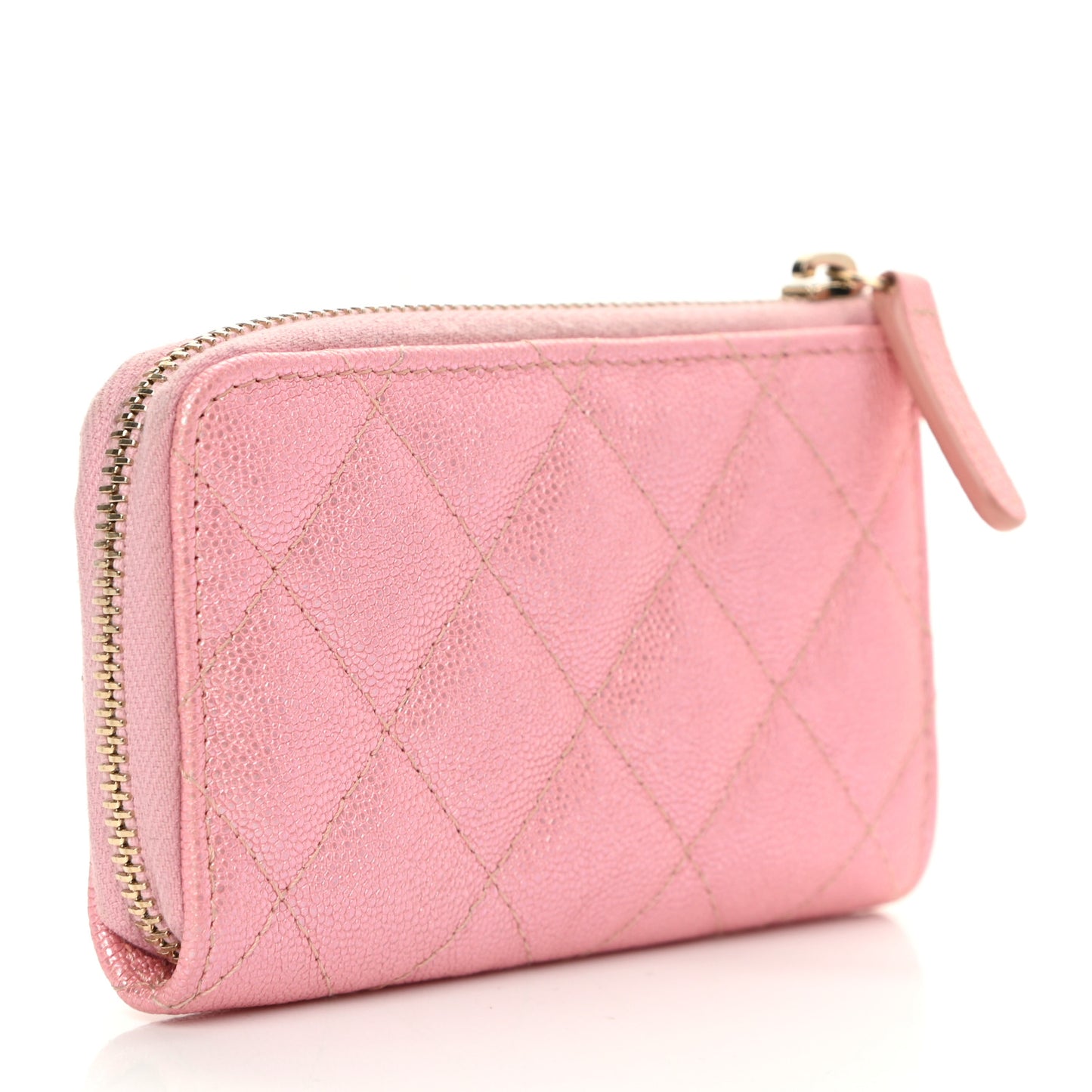 Iridescent Caviar Quilted Zipped Key Holder Case Rose Pink