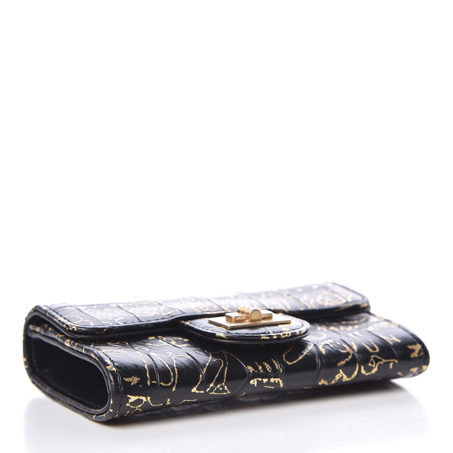 Chanel Calfskin Crocodile Embossed Graffiti Reissue Card Holder Wallet Black Gold 4 of 8