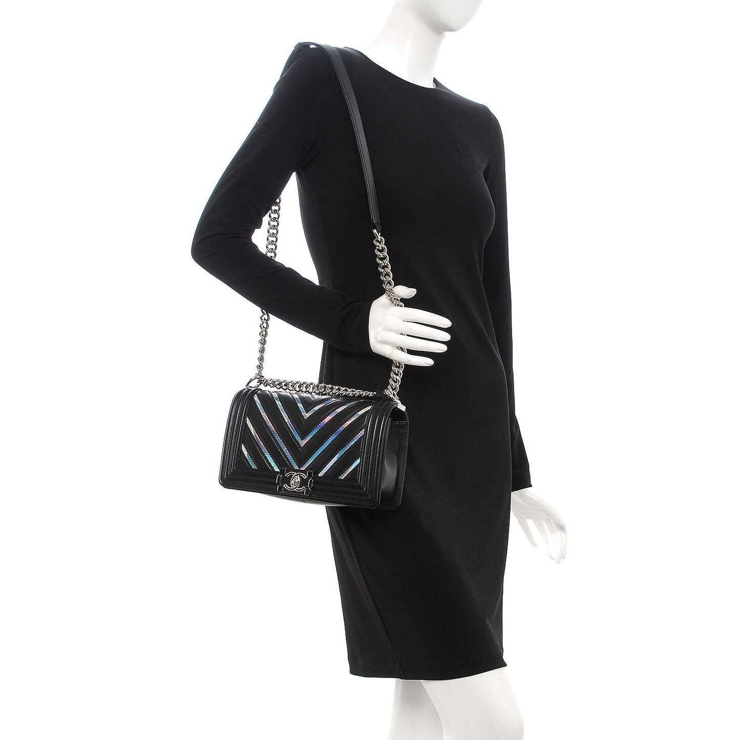 Lambskin Iridescent PVC Chevron Quilted Medium Boy Flap Black Silver