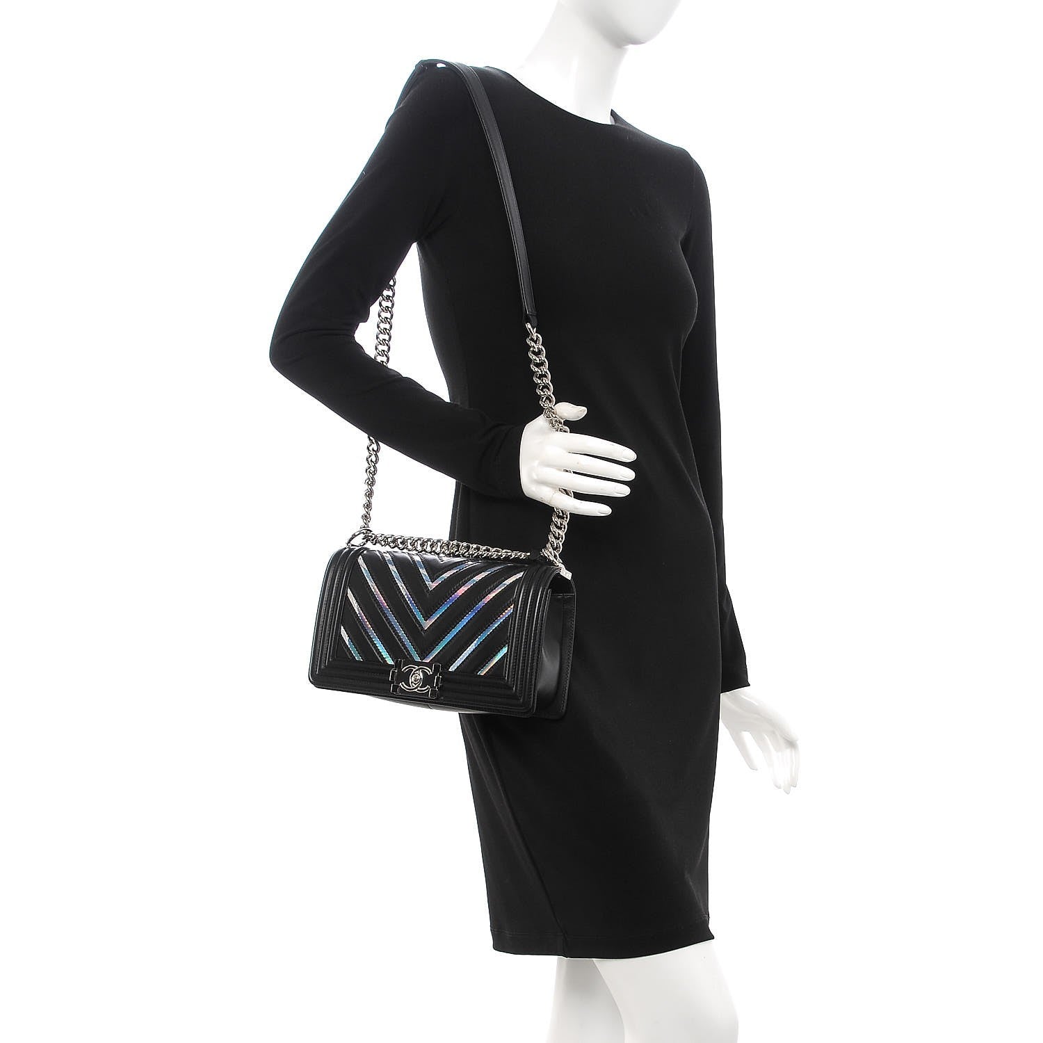 Chanel Lambskin Iridescent PVC Chevron Quilted Medium Boy Flap Black Silver 2 of 9