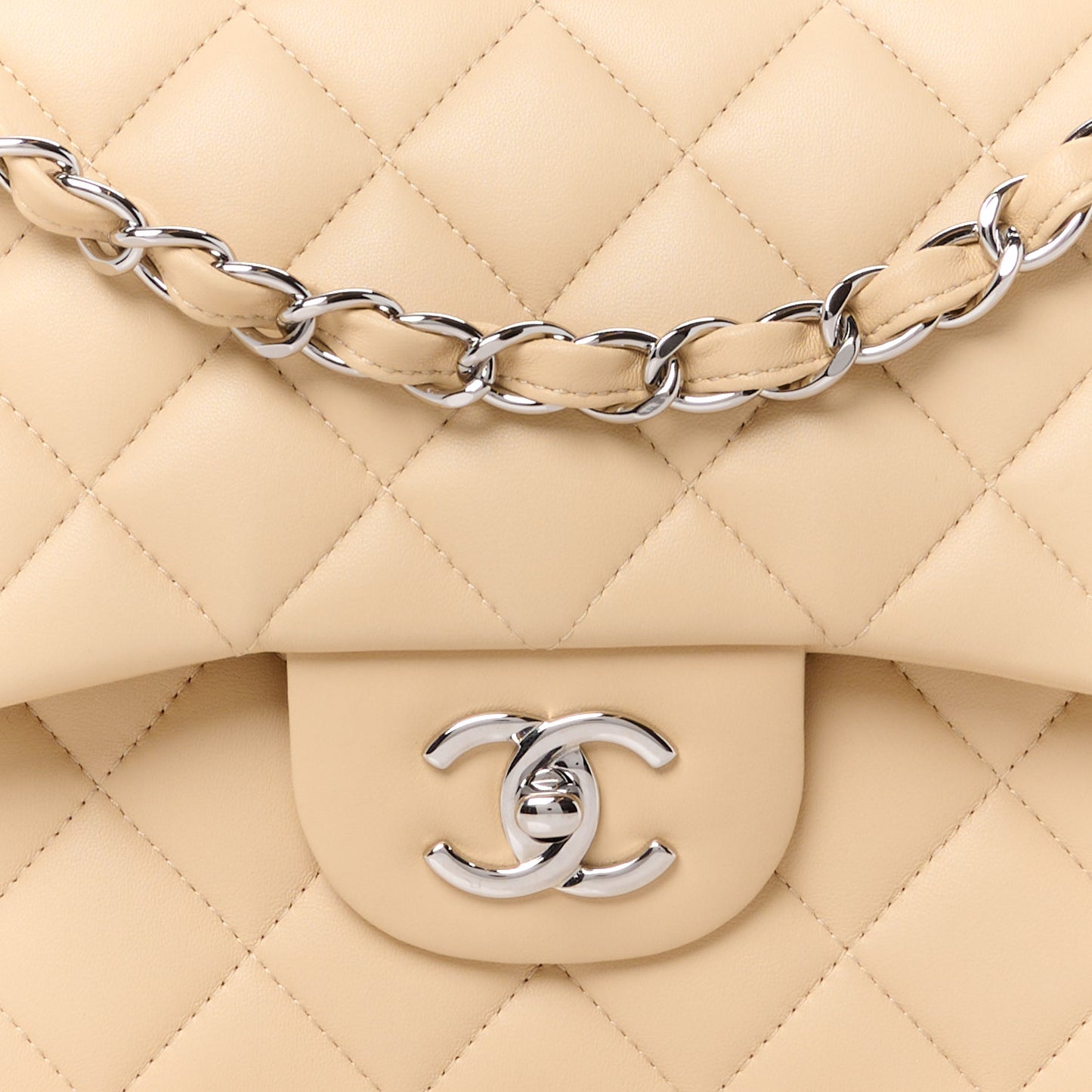 Lambskin Quilted Jumbo Double Flap Light Beige