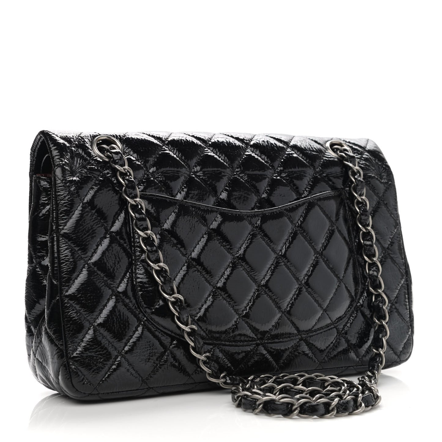 Distressed Patent Quilted Medium Double Flap Black